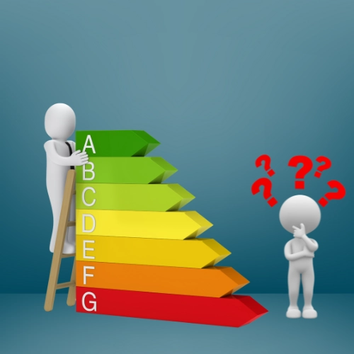 Image illustrant la performance énergétique d’un bâtiment, avec un personnage grimpant vers la classe A et un autre hésitant, représentant les questions liées à l’isolation thermique des murs extérieurs. etiquette dpe