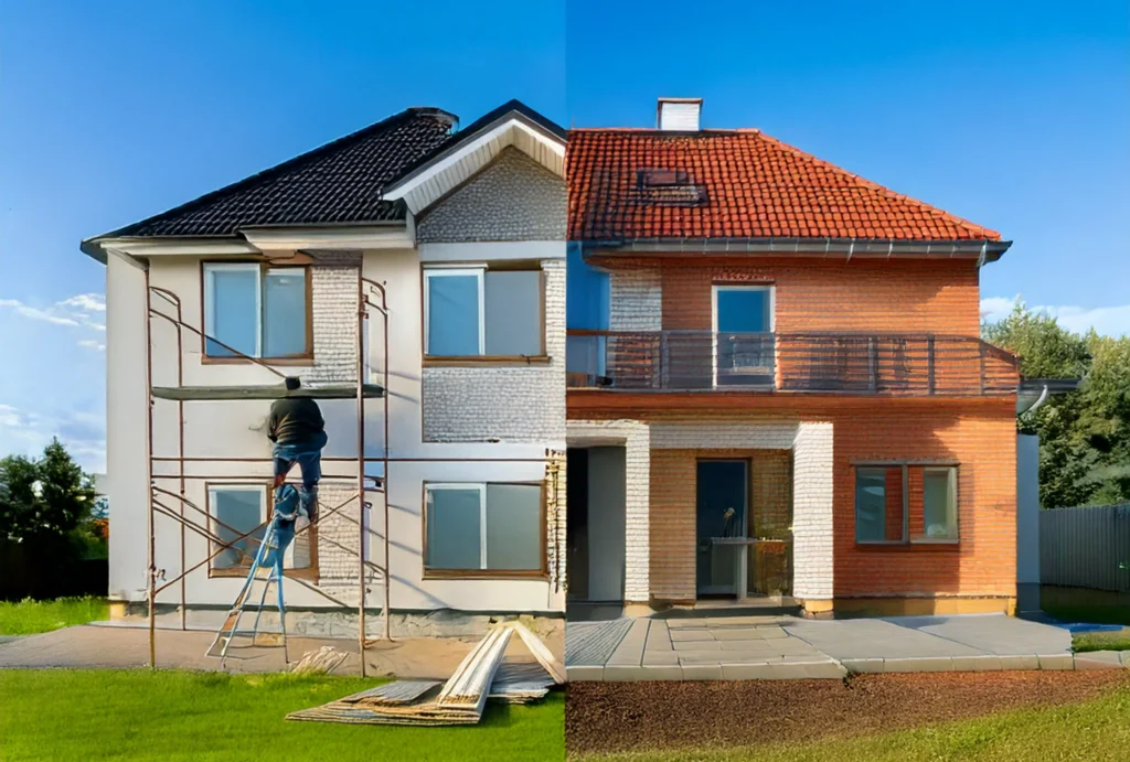 Illustration numérique montrant une maison en cours de rénovation avec une isolation en cours d'application d'un côté, et de l'autre, une maison en mauvais état, avec des murs fissurés et un toit délabré. L'image met en contraste la rénovation propre et nette à gauche et l'usure à droite, entourée de buissons verts et d'un ciel bleu.