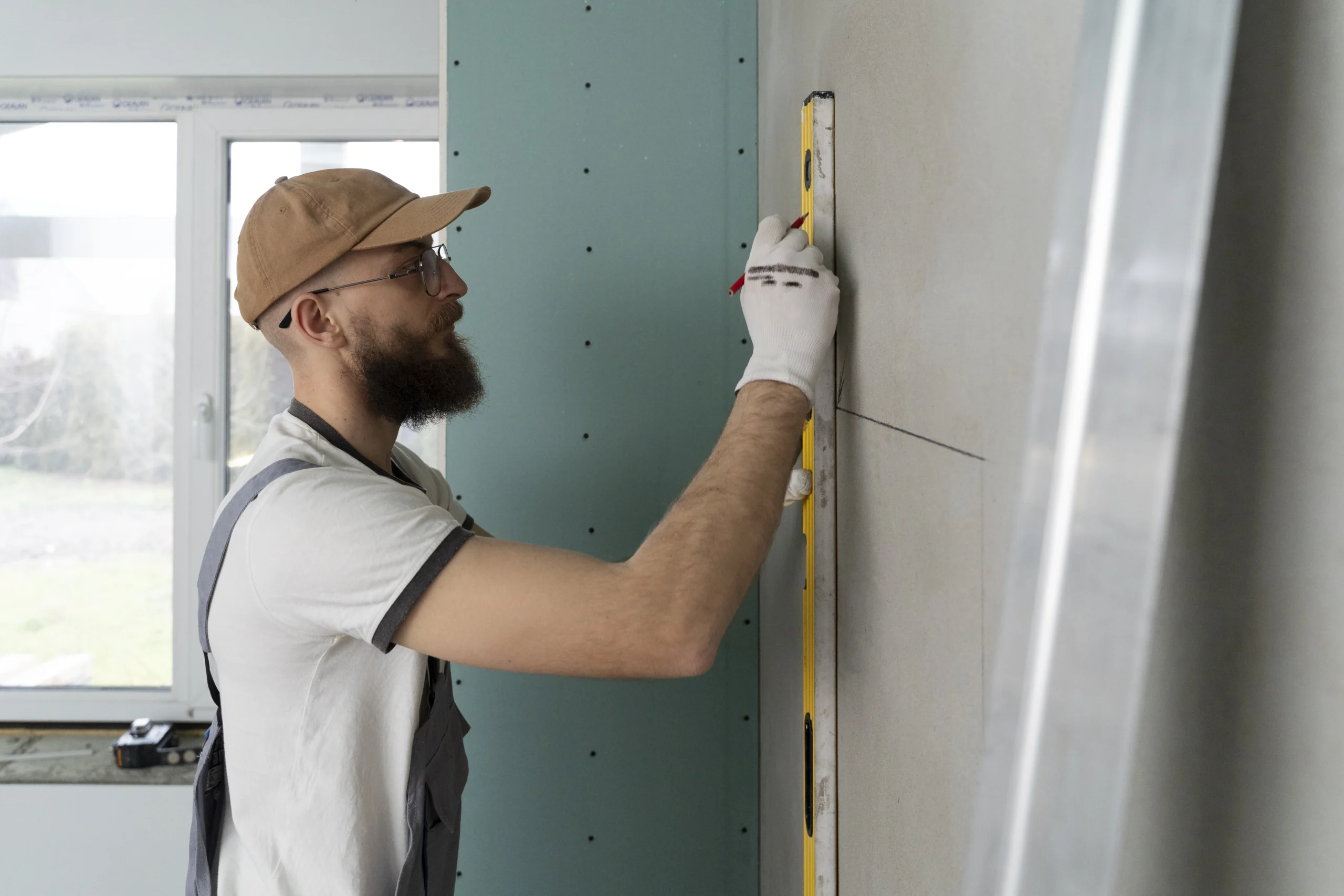 un employe pratiquant une isolation interieur chez un client content